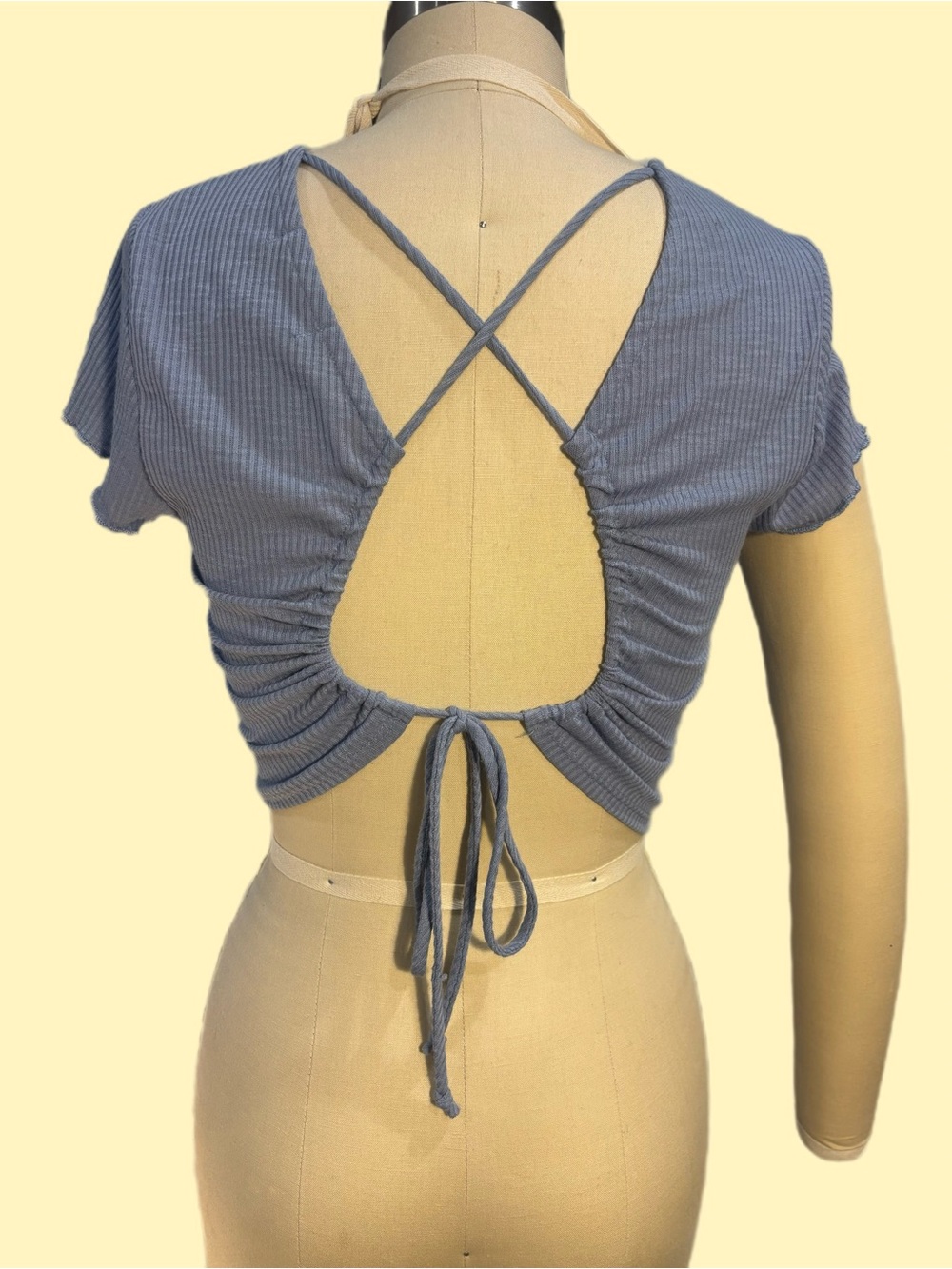 Open-Back Ribbed Crop Top with Tie - Blue